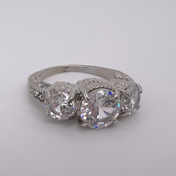 Large Diamond Simulant Silver Plated Ring, Size 7.25 - Picture 1 of 3